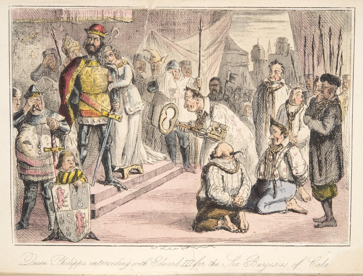 Koningin Philippa die tussenbeide komt bij Edward III voor de zes burgers van Calais, uit The Comic History of England, uitgegeven 1864 (handgekleurde ets) door John Leech