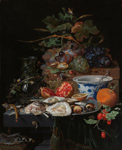 Stilleven met fruit, oesters en een porseleinen kom