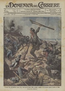 Het heroïsche einde van de verminkte Enrico Toti, voor de derde keer gewond, staat op en gooit zijn wapen