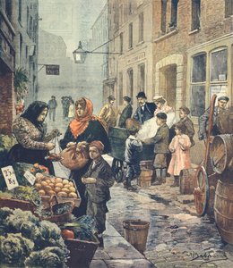 Een van de meest karakteristieke straten van de Italiaanse wijk, Soffron Hill, Londen, door Achille Beltrame (1871-1945) uit La Domenica del Corriere