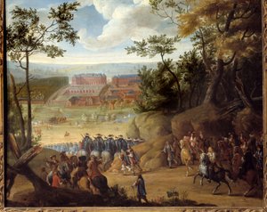 Zicht op Versailles in 1664 met de Koning van Frankrijk Lodewijk XIV en een gezelschap Musketiers