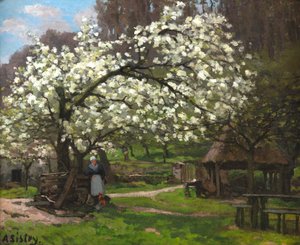 Lente, boerin onder de bloeiende bomen, ca. 1865