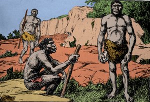Prehistorie: voorstelling van Homo rhodesiensis of man van Broken hill, voorouder van Homo sapiens, wiens fossielen werden ontdekt in Rhodesië (het huidige Zambia in Afrika). Tekening door A. Forestier. DR