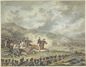 Prins van Oranje leidt de Nederlandse troepen bij Quatre-Bras, 1815