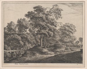Een boerin en dochter op een kleine houten brug, 17e eeuw