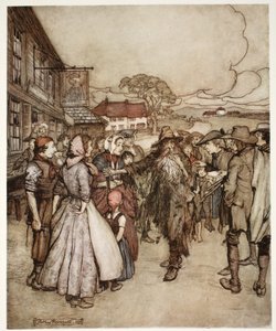 Ze verdrongen zich om hem heen en bekeken hem van top tot teen met grote nieuwsgierigheid., uit Rip Van Winkle door Washington Irving, uitgegeven 1910
