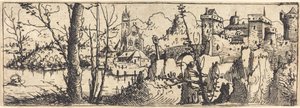 Landschap met kasteel rechts, omgeven door rotsen