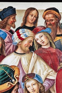 Piccolomini Bibliotheek, noordoostelijke muur: Aeneas Sylvius houdt een redevoering voor Koning Jacobus I van Schotland, winter 1435