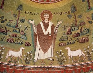 Portret van Apollinaris van Ravenna, eerste bisschop van Ravenna en Classe (detail van mozaïek)