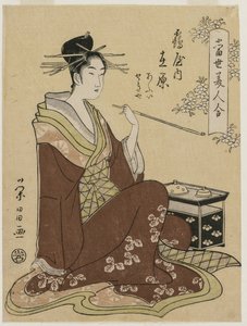 De courtisane Ariwara van de Tsuruya zittend bij een rokende kist, midden jaren 1790