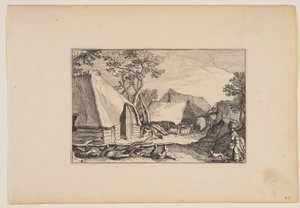 Schuren, vrouw en hond op de voorgrond, uit Landschappen (Verscheyden aerdige Lanthuysen...)