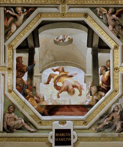 De val van Marcus Manlius Capitolinus, consul van Rome, van de Citadel van het Capitool tijdens de Gallische invasie in 390 v.Chr. Fresco door Domenico di Giacomo di Pace, genaamd Beccafumi (1486-1551) 1529-1530 Siena, Palazzo Casini Casuccini