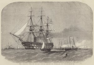HMS Colossus, met de Kanonneerboot Flotilla, vertrekkend van de Motherbank naar Portland