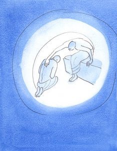God de Vader, zich bewust van de verschrikkelijke kosten van de Incarnatie, reikt uit, door Zijn Heilige Geest, naar Zijn Geliefde Zoon, die bereidwillig toestemt om naar de aarde te komen voor onze redding