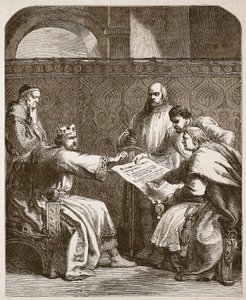 John die weigert de artikelen van de baronnen te ondertekenen, illustratie uit Cassells Illustrated History of England