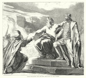 Mozes geeft de wet aan de priesters (gravure)