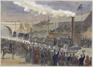 Stephensons Rocket komt als eerste binnen bij de locomotiefwedstrijd in Rainhill in 1829