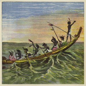De koning van de Ashantees op zee in zijn staatskano