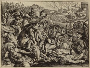 Israëlieten verslaan de Benjaminieten en verbranden hun stad (gravure)