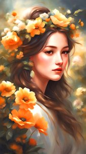 Een vrouw versierd met bloemen in een mooi landschap