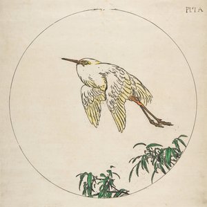 Decoratie voor een bord: Een reiger vliegt boven bamboetakken, 1850-1914