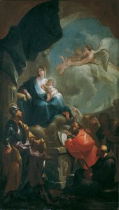 Troonende Madonna met Kind, vereerd door Heiligen