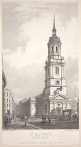 St. Magnus, London Bridge, gravure door John Henry Le Keux (1783-1846)