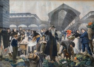 Soepkraam op de Les Halles Markt in de ochtend, illustratie uit Le Petit Journal, 2 maart 1897 - la soupe aux Halles le matin in Parijs - gravure door Fortune-Louis Meaulle naar Jean Jacques Rousseau (1861-1911)
