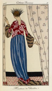 Manteau de Théâtre. Costumes Parisiens no.71. Vrouw draagt een rode jurk met patroon en een blauwe rok afgezet met bont. Ze draagt ook een hoofdtooi met veren in zwart en zilver.