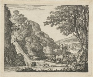 Herder met dieren bij een waterval