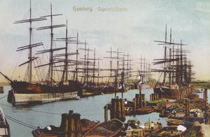 Ansichtkaart van de zeilschepenhaven in Hamburg, ca. 1900