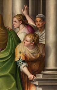 Zuidtransept, Altaar van Bezoeking, Detail van het altaarstuk door Gervaso Gatti, De Bezoeking van Maria aan nicht Elisabeth 1583 (detail)