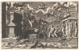 Het visioen van Ezechiël, een groep lijken en skeletten die uit graven opstaan, boven hen, 1554