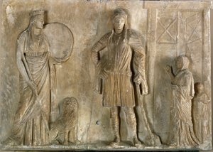 Griekse kunst: Phrygische godheden Cybele en Attis, zijn zoon en minnaar. Marmeren reliëf uit de 2e eeuw v.Chr. Museo Archeologico, Venetië