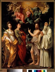 De kroning van de Maagd met vier heiligen (Catherine van Alexandrië, Johannes de Evangelist, Johannes de Doper en Bernard) - De Maagd Maria wordt in de hemel voorgesteld met de Drie-eenheid (Jezus Christus, God en de duif van de Heilige Geest)