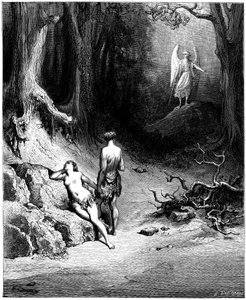 Adam en Eva worden uit het Paradijs verdreven. Illustratie door Gustave Dore voor “Paradise Lost” door John Milton (1608-1674). Gravure uit 1866. Privécollectie