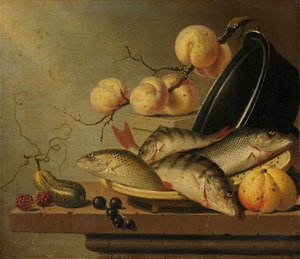 Stilleven met vis en fruit
