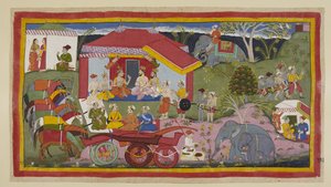 In een kampementsscene wordt Guha de Nishadakoning geïntroduceerd in de vergadering van de prinsen, brahmanen en ministers. De paarden, losgemaakt van de wagens, staan in een rij vastgebonden en geketend, terwijl een mahout poeder bereidt voor de de
