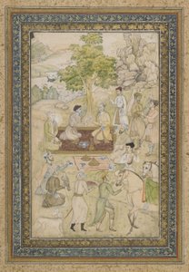 Sultan Murad en Sultan Daniyal op een picknick, los albumblad met schilderij, ca. 1900