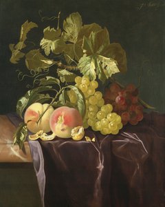 Stilleven van fruit, noten en bladeren op fluwelen doek