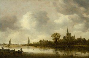 Rivierlandschap met een kerk in de verte