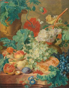 Stilleven met bloemen en fruit