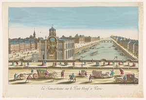 Gezicht op de waterpomp Samaritaine op de Pont Neuf over de rivier de Seine te Parijs
