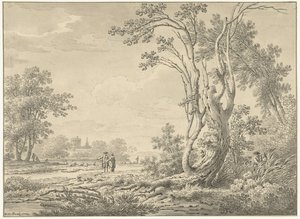 Zuidelijk landschap met kasteel, vee en wandelaars