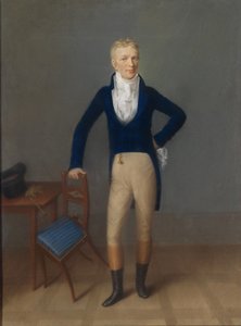 Portret van een blonde heer in volledig figuur in rijtuigkostuum, leunend op een stoel