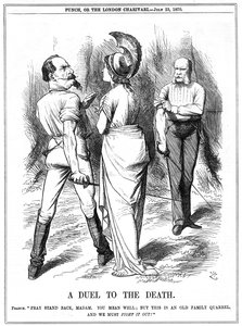 Frans-Duitse Oorlog 1870-1871: Britannia probeert Napoleon III te weerhouden van oorlog met Duitsland. Franse oorlogsverklaring afgeleverd in Berlijn op 19 juli, proclamatie op 23 juli. John Tenniel cartoon uit Punch, Londen, 23 juli 1870. Gravure