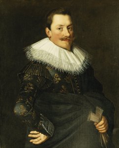 Portret van een Heer, Halflang, Dragend een Blauw Kostuum met Gouden Borduursel en een Witte Kanten Kraag