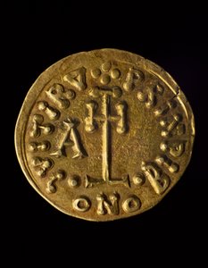 Solidus van Prins Arechi, verso, Lombardische munten, 8e eeuw
