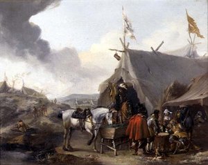 Ruiters bij een militair kampement
