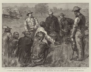 Terugkeer met de gezanten van Lo Bengula van een missie naar de Britten, de heksendokter paaien aan de grens van Matabeleland